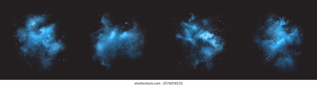 Mesmerizing smoke effect with shimmering glitter and tiny sparkling stars. A mystical blue mist filled with glowing particles, creating a magical fog infused with stardust.