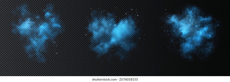 Mesmerizing smoke effect with shimmering glitter and tiny sparkling stars. A mystical blue mist filled with glowing particles, creating a magical fog infused with stardust.