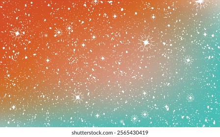 mesmerizing snowy overlay on a warm orange-to-cool turquoise gradient background, featuring white snowflakes and sparkles for a festive and magical aesthetic