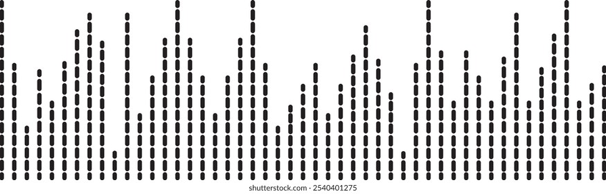 Das faszinierende Klangwellenmuster schwarzer Punkte bildet eine Stadtlandschaftssilhouette auf weißem Hintergrund, die Musik, Rhythmus und Technologie in einer modernen Grafik verbindet