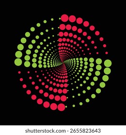 Um design de vórtice espiral hipnótico composto de pontos gradientes coloridos em transição criando um efeito visual hipnótico