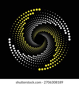 Una fascinante espiral de puntos blancos y amarillos crea un diseño abstracto dinámico y moderno sobre un fondo negro