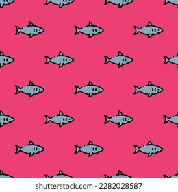 Mesmerizing square tile with a delightful animal illustration. Seamless pattern with shark on brick red background. Design for a cushion with an animal print.