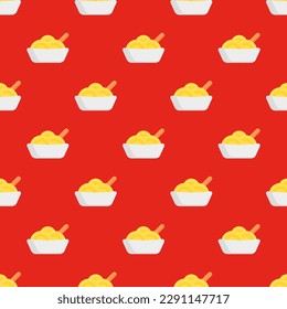 Mesmerizing square tile with a delightful food illustration. Seamless pattern with noodles on dark pastel red background. Design for a plaid wallpaper.