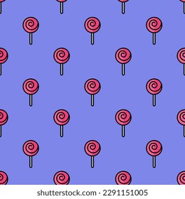 Mesmerisierende quadratische Kachel mit einer köstlichen Essensgrafik. Nahtloses Muster mit Lollipop auf dunkelpastellblauem Hintergrund. Design für Videospiele, um ein immersives Erlebnis zu schaffen.