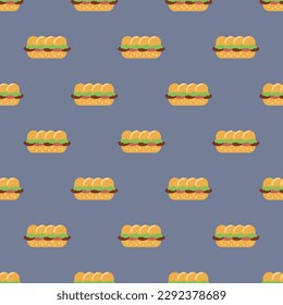 Mesmerizing square tile with a delightful food illustration. Seamless pattern with sandwich  on slate gray background. Design for logos to represent brands.