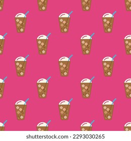 Mesmerizing square tile with a delightful food illustration. Seamless pattern with frappe on fuchsia rose background. Design for event posters to promote events.
