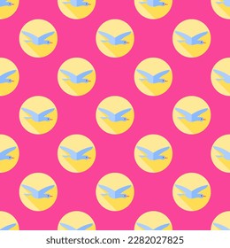 Mesmerizing square tile with an energetic animal illustration. Seamless pattern with bird on rose bonbon background. Design for stickers with illustrations of pet animals.