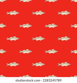 Mesmerizing square tile with an energetic animal illustration. Seamless pattern with zander on lust background. Design for a brochure with an animal pattern.