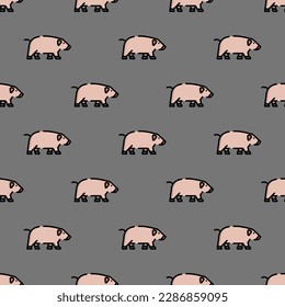 Mesmerisierende quadratische Kachel mit einer energetischen Tiergrafik. Nahtloses Muster mit Schwein auf dunkelgrauem Hintergrund. Design für einen Totbeutel mit einem Tiermotiv.