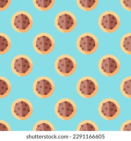 Mesmerizing square tile with an energetic food illustration. Seamless pattern with cookies on pale cerulean background. Design for a heat-sealed wrap for nuggets.