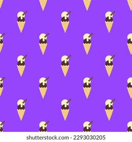 Mesmerizing square tile with an energetic food illustration. Seamless pattern with ice cream  on sandstorm background. Design for a diamond motif.