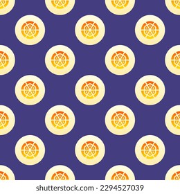 Mesmerizing square tile with an energetic food illustration. Seamless pattern with pizza on unbleached silk background. Design for a microwavable wrap for fries.
