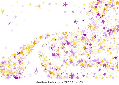 Mesmerizing starry vector background. New Year decorative particles in violet yellow colors. Twinkling star random fragments. Reverie concept. Spectacular backdrop.