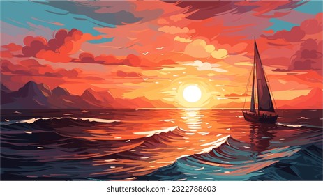 A mesmerizing sunset over the ocean, complete with sailboats and seagulls