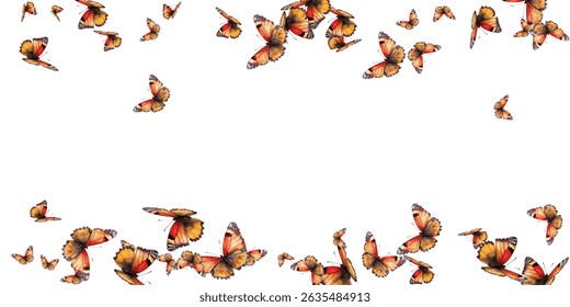  A mesmerizing swarm of orange and yellow butterflies with intricate wing patterns, fluttering gracefully against a white backdrop.