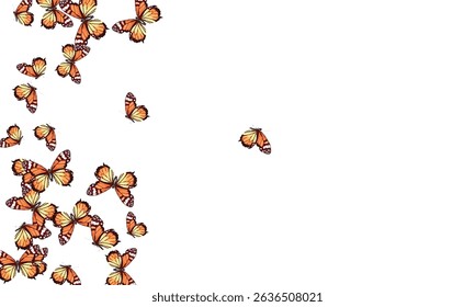  A mesmerizing swarm of orange and yellow butterflies with intricate wing patterns, fluttering gracefully against a white backdrop.