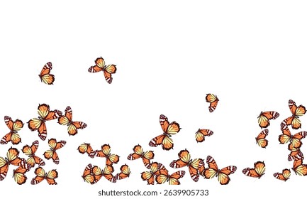  A mesmerizing swarm of orange and yellow butterflies with intricate wing patterns, fluttering gracefully against a white backdrop.