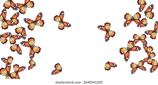  A mesmerizing swarm of orange and yellow butterflies with intricate wing patterns, fluttering gracefully against a white backdrop.