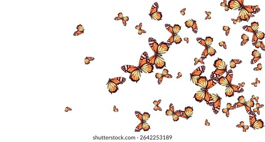  A mesmerizing swarm of orange and yellow butterflies with intricate wing patterns, fluttering gracefully against a white backdrop.