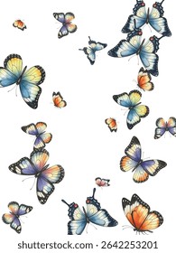  A mesmerizing swarm of orange and yellow butterflies with intricate wing patterns, fluttering gracefully against a white backdrop. Perfect for nature-inspired designs  and artistic projects.