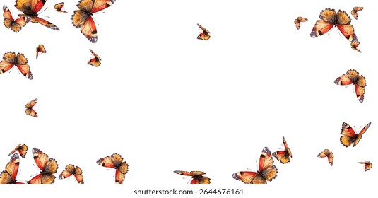  Um enxame hipnotizante de borboletas laranja e amarela com intrincados padrões de asas, voando graciosamente contra um fundo branco.