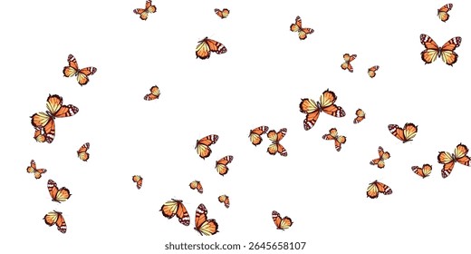  A mesmerizing swarm of orange and yellow butterflies with intricate wing patterns, fluttering gracefully against a white backdrop.