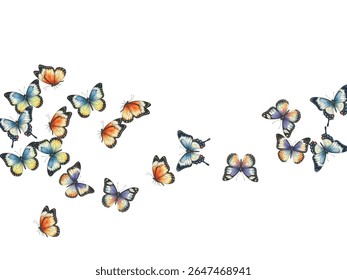  A mesmerizing swarm of orange and yellow butterflies with intricate wing patterns, fluttering gracefully against a white backdrop. Perfect for nature-inspired designs  and artistic projects.