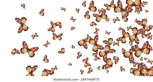  Um enxame hipnotizante de borboletas laranja e amarela com intrincados padrões de asas, voando graciosamente contra um fundo branco.