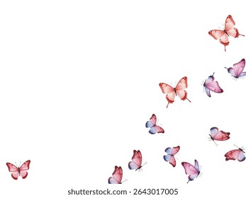 A mesmerizing swarm of pink and yellow butterflies with intricate wing patterns, fluttering gracefully against a white backdrop. Perfect for nature inspired designs,  wallpapers, and artistic projects