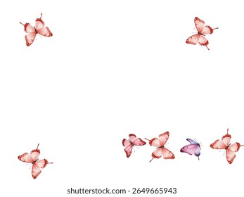 A mesmerizing swarm of pink and yellow butterflies with intricate wing patterns, fluttering gracefully against a white backdrop. Perfect for nature inspired designs,  wallpapers, and artistic projects