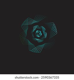 A mesmerizing, symmetrical abstract design featuring interwoven geometric wireframe shapes arranged in a radial pattern. The gradient transition from teal to black enhances depth and movement, resembl