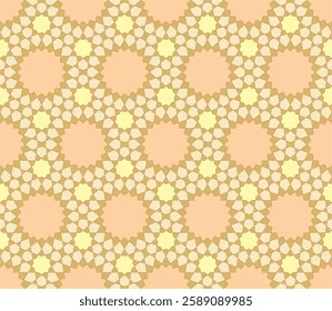 mesmerizing symmetry of kite, hexagon and octa grams, with tan, Drover, golden and pale Peach colors.