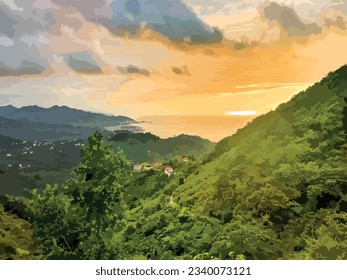 A Mesmerizing Symphony of Nature: Green Landscapes and an Infinite Seascape at Sunset
