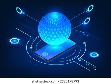 Mesmerizing technology picture featuring a mobile phone at its core. Above the screen, a processor-like circle effortlessly converts data and commands, harnessing the power of intelligence. 