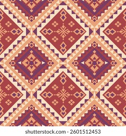 Mesmerizing tribal pattern featuring alternating burgundy and purple diamond motifs with intricate geometric symbols. Perfect for culturally-inspired textile and decor projects.
