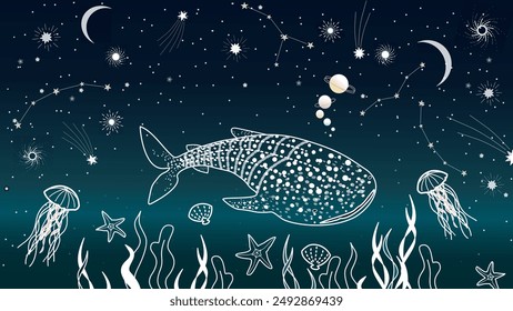 A mesmerizing underwater and celestial illustration featuring a whale shark swimming in the ocean depths. The scene combines elements of the night sky with stars, constellations, and planets above.