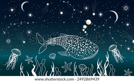 A mesmerizing underwater and celestial illustration featuring a whale shark swimming in the ocean depths. The scene combines elements of the night sky with stars, constellations, and planets above.