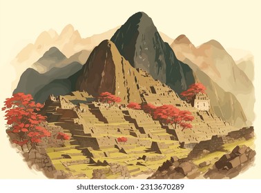 En una fascinante obra de arte vectorial, Machu Picchu emerge de la niebla, su belleza enigmática y su maravilla arquitectónica representada con precisión, invitando a los espectadores a embarcarse en un viaje visual a través de la l