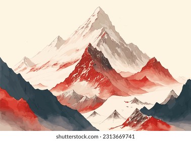 In a mesmerizing vector artwork, Mount Everest pierces the sky, its awe-inspiring height and pristine snow-capped summit depicted with precision, embodying the indomitable spirit of exploration and ad