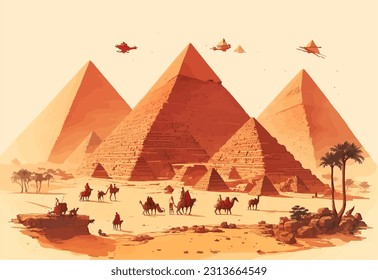 In a mesmerizing vector artwork, the Pyramids of Giza rise majestically, their timeless beauty and architectural precision portrayed with intricate lines and warm earth tones, capturing the allure of 