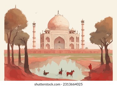 Das Taj Mahal ist ein faszinierendes Vektorkunstwerk, das sich als ein Zeugnis für Liebe und Handwerk präsentiert, mit feinen Linien und lebhaften Farben, die seine symmetrische Schönheit und kulturelle Bedeutung zum Leben erwecken