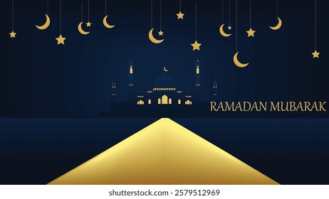 A mesmerizing vector illustration celebrating the holy month of Ramadan, featuring a beautifully lit golden pathway leading towards a grand mosque. 