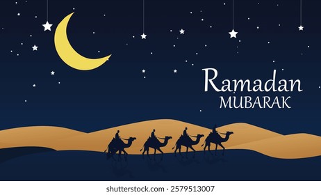 A mesmerizing vector illustration celebrating the holy month of Ramadan, featuring a caravan of silhouetted travelers on camels journeying through golden desert dunes under a starry night sky. 