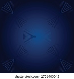 Una Ilustración vectorial fascinante con patrones de ondulación concéntricos simétricos que emanan del centro y las esquinas contra un fondo degradado azul marino profundo. Este diseño abstracto evoca el sonido