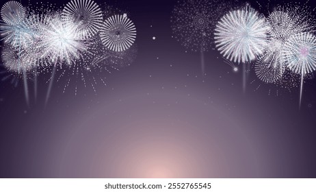 A mesmerizing vector illustration of fireworks against a soft, glowing night sky with a purple gradient, ideal for festive occasions, New Year celebrations, and event backdrops.