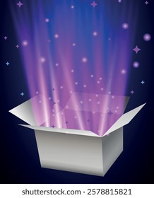 A mesmerizing vector illustration of an open magic gift box, radiating a glowing light with sparkling glitter and flashes of mystical energy. The box appears to be exploding with a burst of stars