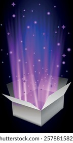 A mesmerizing vector illustration of an open magic gift box, radiating a glowing light with sparkling glitter and flashes of mystical energy. The box appears to be exploding with a burst of stars