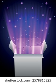 A mesmerizing vector illustration of an open magic gift box, radiating a glowing light with sparkling glitter and flashes of mystical energy. The box appears to be exploding with a burst of stars