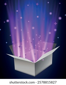 A mesmerizing vector illustration of an open magic gift box, radiating a glowing light with sparkling glitter and flashes of mystical energy. The box appears to be exploding with a burst of stars